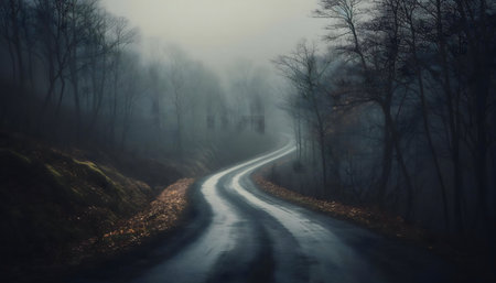 A winding road disappears into a dense foggy forest. Winter's chill fills the scene.の写真素材