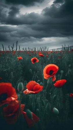 Red poppies in a field under a dramatic, stormy sky.の写真素材
