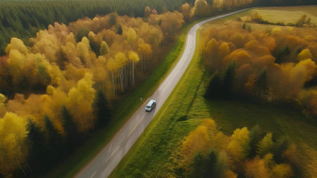 Car driving on a scenic autumn road through a vibrant forest. Golden leaves and aerial view.の写真素材