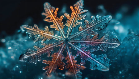 A mesmerizing close-up of a single, iridescent snowflakeの写真素材