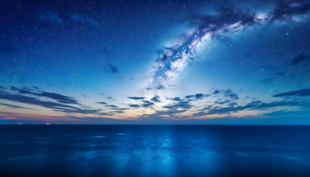Stunning night scene of the Milky Way galaxy reflecting on a calm ocean.の写真素材