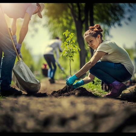 A woman plants a young tree while others help. A teamwork promoting environmental conservation.の写真素材