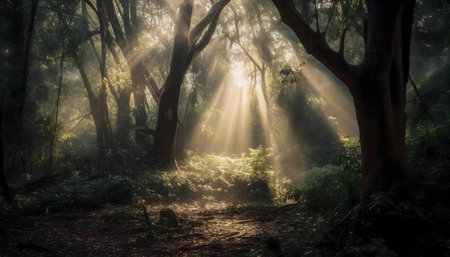 Mystical sun rays piercing through a misty forestの写真素材