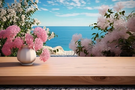 Pink flowers in a white vase on a wooden table, with a tranquil beach scene in the background.の写真素材