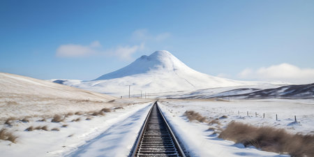A snowy mountain view with railroad tracks leading towards the peak. Winter landscape.の写真素材