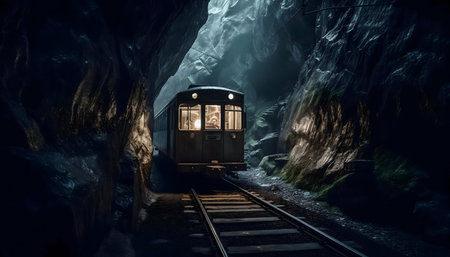 A lone train travels through a dimly lit mountain gorge.の写真素材