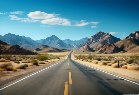 A long road cuts through a vast desert landscape, mountains rising in the distance under a clear blue sky.の写真素材