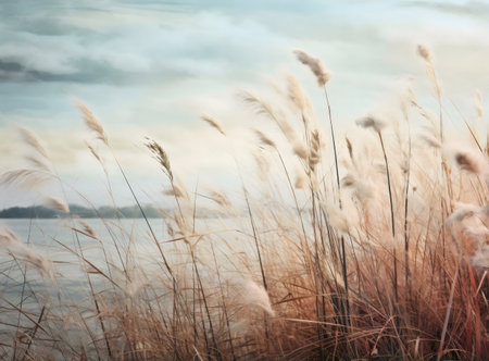 Pampas grass sways gently in the breeze by a calm lake. Serene and peaceful nature scene.の写真素材