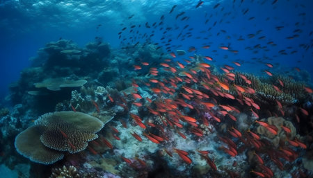 Stunning underwater scene showcasing a vibrant coral reef teeming with diverse marine life.の写真素材