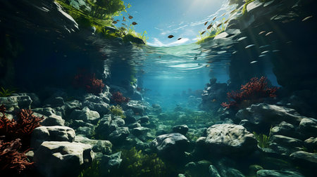 Stunning underwater scene, sunlit ocean floor with coral, rocks, and fish.の写真素材