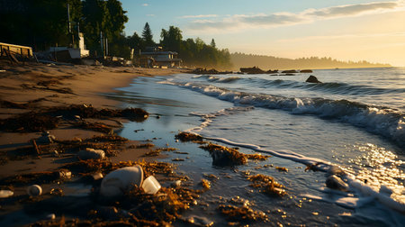 Sunrise on a polluted beach. Plastic waste and seaweed litter the sand.