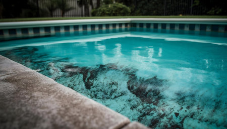 Close-up view of a teal swimming pool. The water is calm, perfect for a refreshing dip.の写真素材