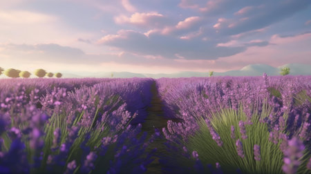 Picturesque lavender field at sunset in Provence, France. Peaceful and serene atmosphere.の写真素材