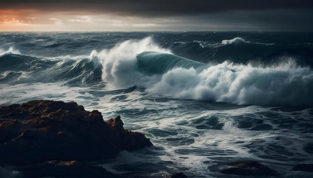 Massive waves breaking on a rocky coast during a dramatic storm. Powerful ocean scenery.の写真素材