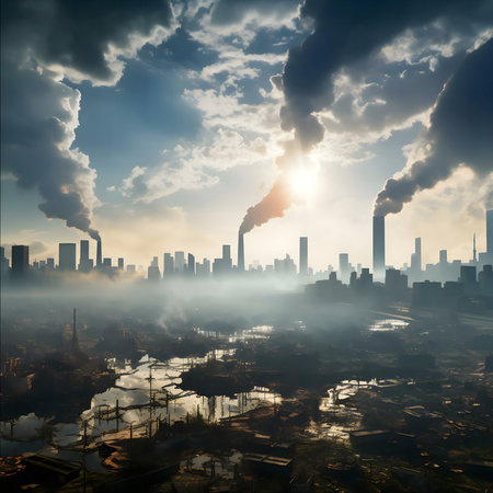 A hazy cityscape at dawn, shrouded in heavy industrial smog.の写真素材