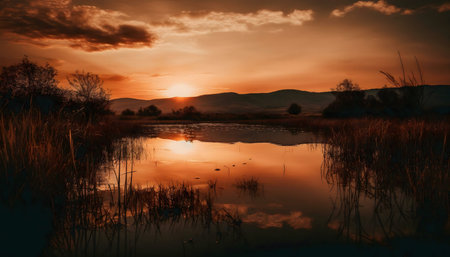 Serene sunset over a tranquil lake. Orange hues reflect beautifullyの写真素材