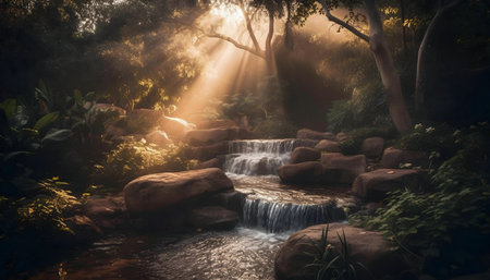 Serene waterfall scene, sunlit forest, magical atmosphere.の写真素材