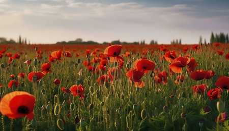 Stunning sunset over a vast poppy field. Red flowers in full bloom.の写真素材