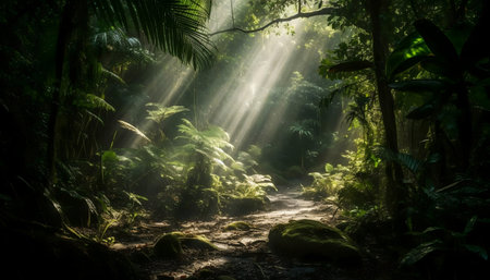 Sunbeams pierce the dense canopy of a lush tropical forest, illuminating a path through vibrant...