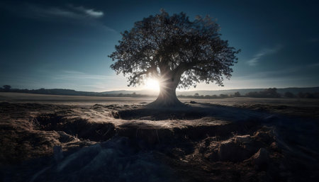 A lone tree stands silhouetted against a vibrant sunrise, showing the peaceful beauty of nature.の写真素材