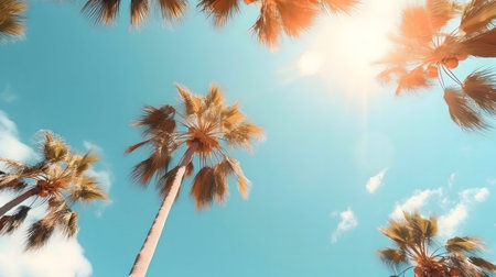 Palm trees reaching for a sunny sky. A perfect summer day!の写真素材
