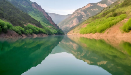 Stunning mountain lake with perfect reflection.の写真素材