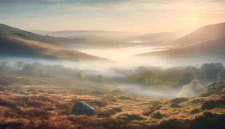 Serene sunrise over a misty mountain valley. Golden light bathes the landscape.の写真素材