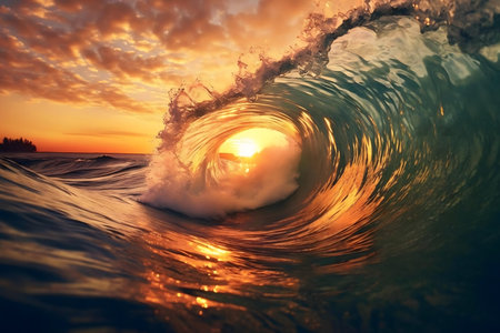 Majestic sunset barrel wave, golden light illuminates the oceanの写真素材