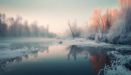 Frosty winter morning by the river. Peaceful scene.の写真素材