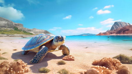 A majestic sea turtle crawls on a pristine beach, turquoise water and mountains create idyllic tropical sceneの写真素材