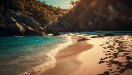 Serene beach cove with turquoise water, golden sunlight and rocky cliffs.の写真素材
