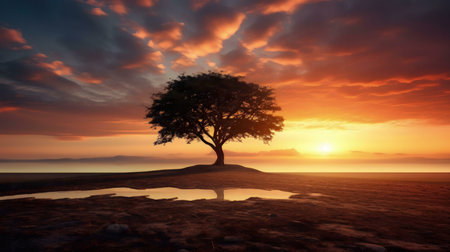 Lone tree silhouetted against a fiery sunset over a calm lake. Peaceful and serene nature scene.の写真素材