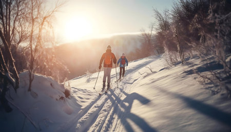 Couple cross-country skiing on a snowy mountain trail during a scenic winter sunrise.の写真素材