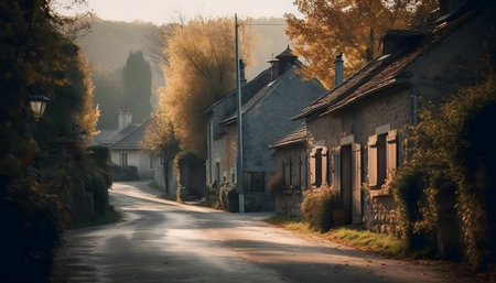 Picturesque village street bathed in golden autumn light. Stone houses, colorful foliage, peaceful atmosphere.の写真素材