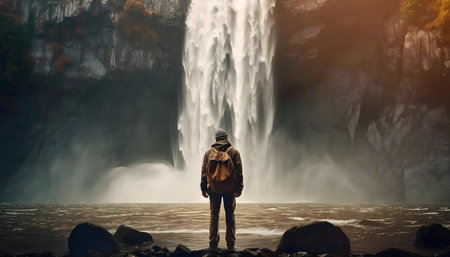 A lone hiker pauses, captivated by a stunning waterfall. Nature's power and serenity combine in this breathtaking scene.の写真素材