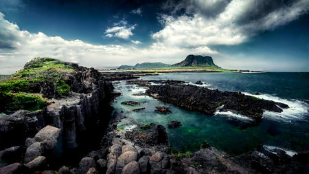 Stunning coastal view of Jeju Island. Dramatic volcanic rocks meet turquoise waters.の写真素材