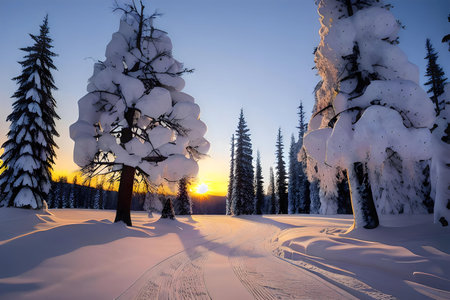 Stunning sunset over a snow-covered forest. Trees laden with snow, peaceful atmosphere.の写真素材