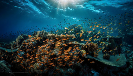 Stunning underwater scene showcasing a thriving coral reef teeming with fishの写真素材