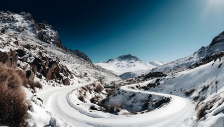 A winding road through a snowy mountain range. Winter wonderland scene.の写真素材