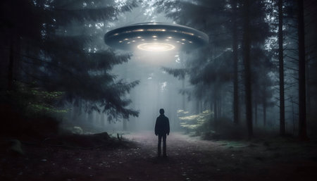 A mysterious image of a UFO above a person in a foggy forest at night.の写真素材