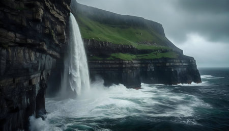 A powerful waterfall cascades down a dramatic cliff face into a turbulent ocean. Faroe Islandsの写真素材