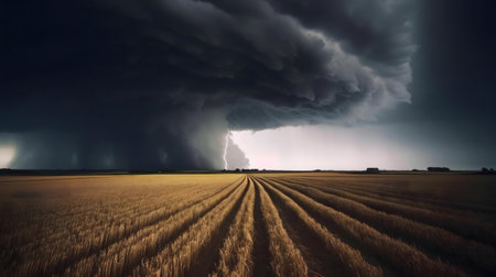 A breathtaking view of a powerful storm over a golden field. Lightning illuminates the dark clouds.の写真素材
