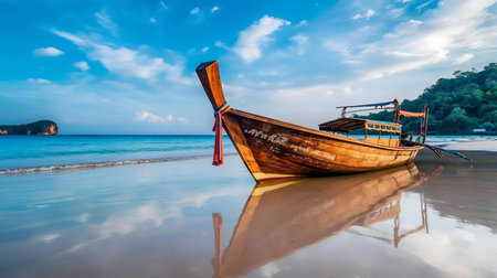 A longtail boat rests on a tranquil beach, reflecting in the calm water. A beautiful tropical scene.の写真素材