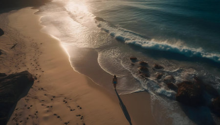 Woman walking on the beach at sunset. Serene coastal scene, golden hour light.の写真素材