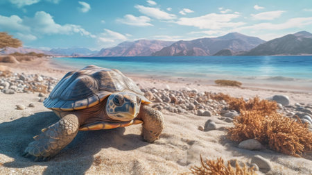 A large tortoise slowly walks along a sandy beach, clear blue water and mountains in the background.の写真素材