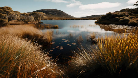 Peaceful lake surrounded by mountains. Calm atmosphereの写真素材