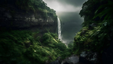 A breathtaking waterfall plunges down a steep cliff face, surrounded by vibrant green foliage.