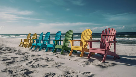 Row of colorful chairs on sandy beach by ocean.の写真素材
