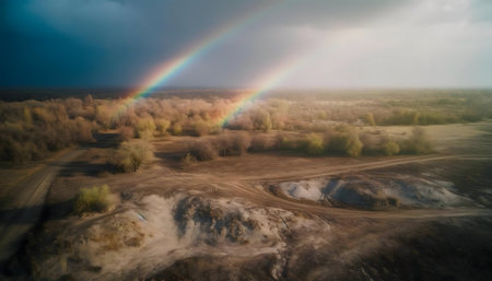 Double rainbow over a serene rural landscape. An aerial shot showing nature's beauty.の写真素材