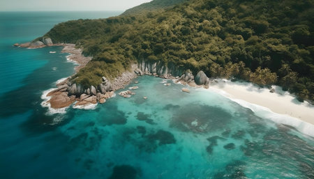 Stunning aerial view of a tropical island with a pristine white sand beach and crystal-clear turquoise water.の写真素材